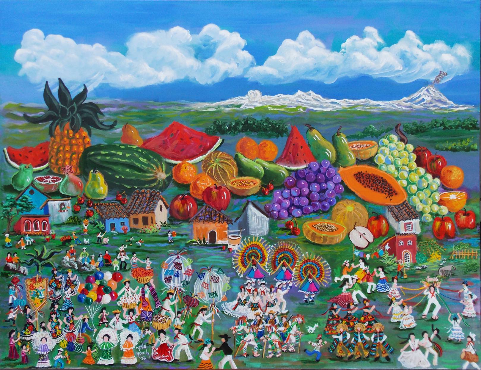 arte-naif-galeria-lopez-isaza-al-son-de-las-frutas-acrilico-100x130